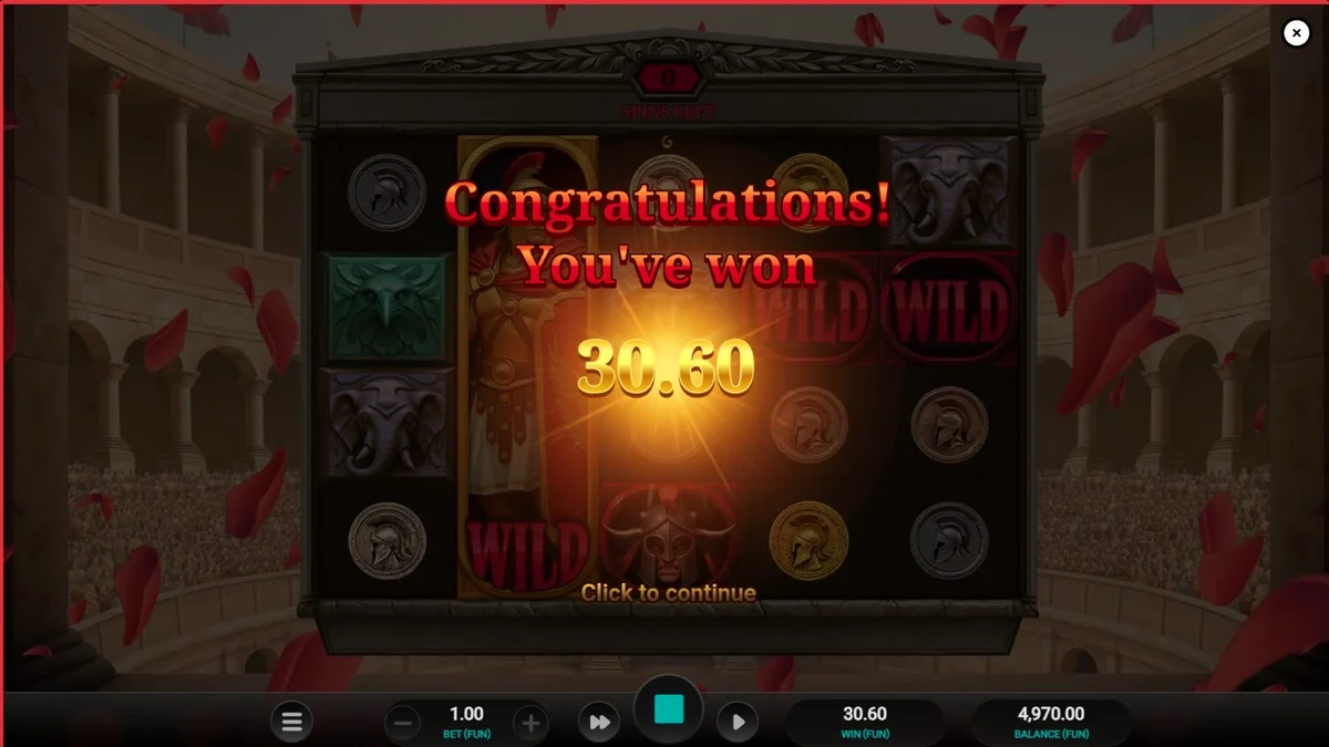 Arena of Fortune slot gameplay interface featuring gladiator theme